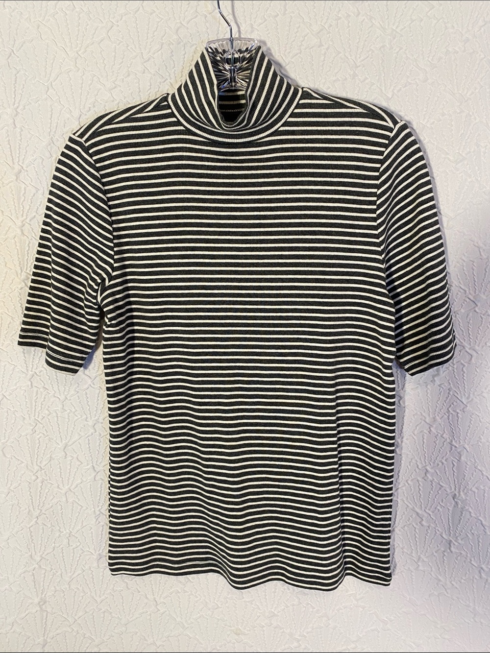 LOFT Gray and White Striped Turtleneck Short Sleeve Top unique in style comfort